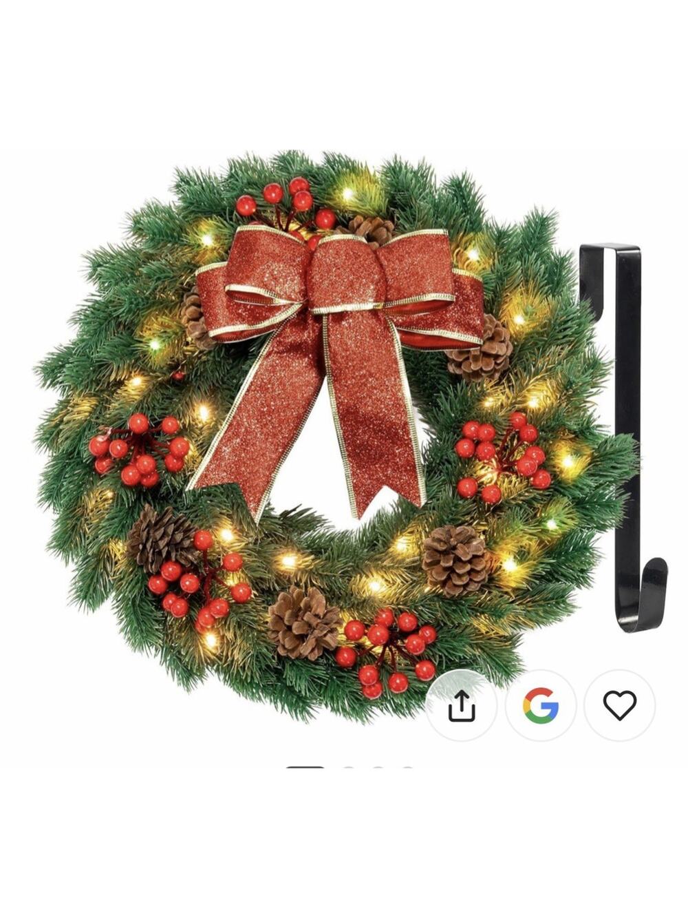 17" Christmas Wreath with 40 LED lights, Hanger/ Remote
